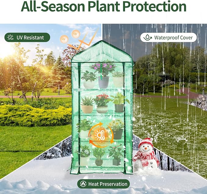 PROWORX 4 Tier Mini Greenhouse for Outdoor Indoor, Double-Layer Roof, Heavy Duty Small Greenhouses with PE Cover, Portable Green Houses for Outside Winter Plant Protection, 64'' H x 27'' L x 20'' W