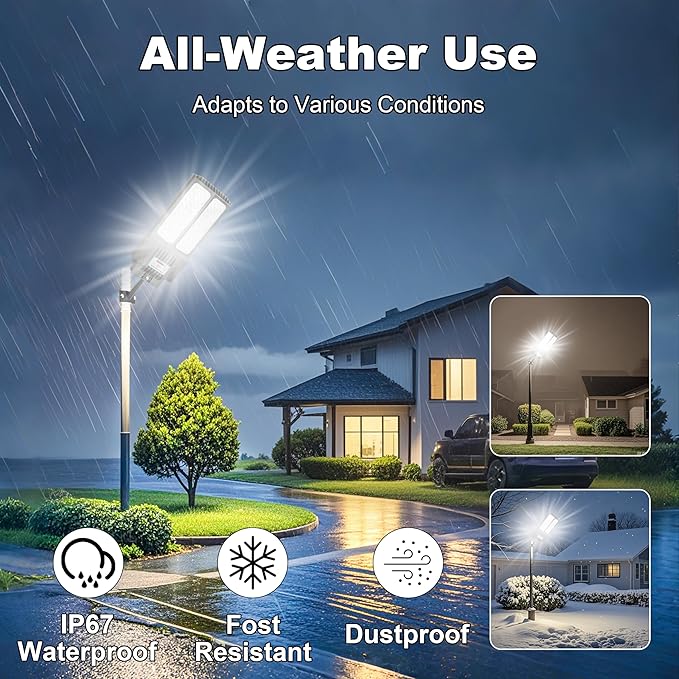 Solar Street Light with Pole, Solar Street Lights Outdoor Waterproof Dusk to Dawn 7000K LED Security Flood Light with Motion Sensor and Remote Control for Pathway, Entryway & Yard