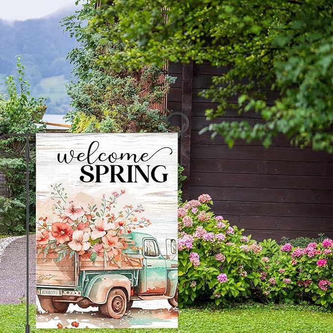Spring Garden Flags 12"x18" Double Sided Welcome Spring Floral Truck, Burlap Spring Yard Flag for Outdoor Garden Porch Decor
