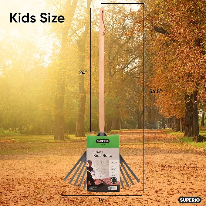 Superio Kids & Adult Set Rakes with Hardwood Handle, Durable Plastic Head to Sweep Leaves in Lawn and Tidying Up The Garden, Kids Size 34" Adult Size 61"