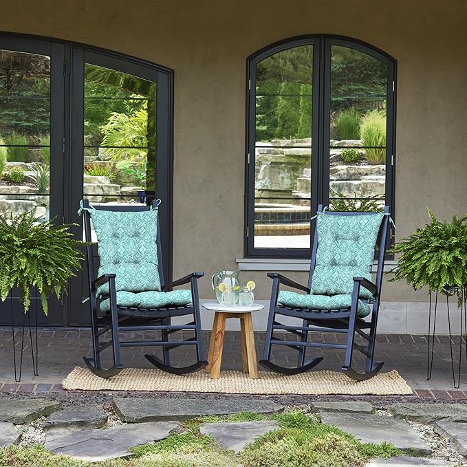 Arden Plush Indoor/Outdoor Rocking Chair Cushion Set, 18 x 20, Water Repellent, Fade Resistant, Tufted Cushion for Rocking Chairs Turquoise Daphne Medallion