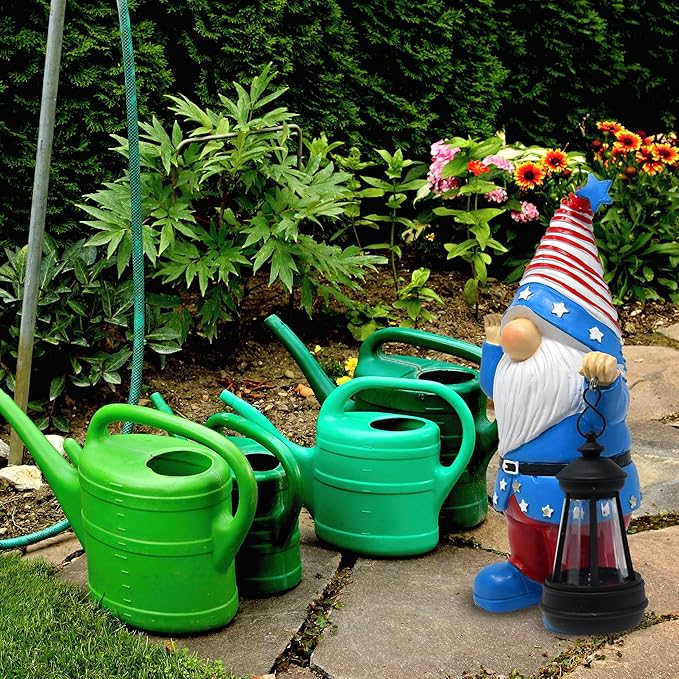 Gift Boutique Patriotic Gnome Decor with Lantern Red White Blue Garden Statue 11in Tall Indoor Outdoor Holiday Yard Decoration Memorial Day 4th of July Porch Accent