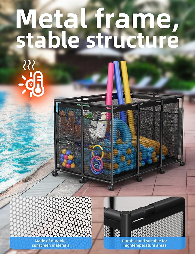 POOLHOUR Pool Float Storage – XXL Large Outdoor Pool Toy Storage Organizer for Pool Noodles, Toys, Floats, Balls,Equipment, Mesh Rolling Storage Organizer Bin, Black