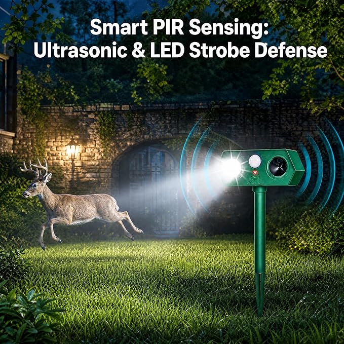 Sonic Fortress Pro Deer Repellent Devices, IP65 Solar Ultrasonic Racoon Squirrel Repellent Outdoor Motion Activated Animal Repeller Cat Deterrent Light to Scare Rabbit Dog Skunk Out of Garden Yard(4)