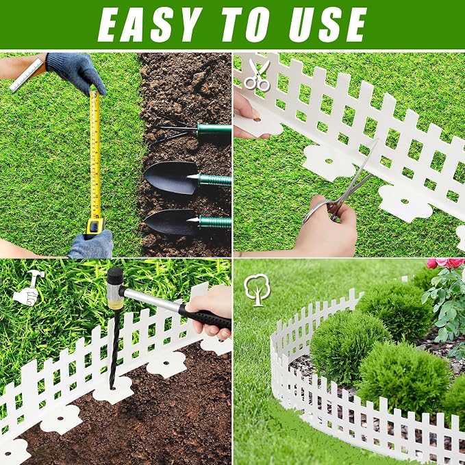 Sasylvia 4.5'' x 50 ft White Picket Fence Garden Border Mini Garden Fence Without Dig with 45 Stakes Plastic Decorative for Grass Plant Flowerbed Landscaping Lawn
