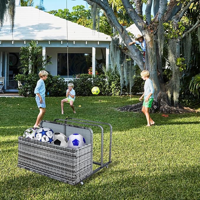 MAROUTE Double Layer Poolside Float Storage - PE Rattan Outdoor Caddy with Generous Space, Weather-Resistant, Mobile Design, Versatile Use, and Sturdy Construction, Brown