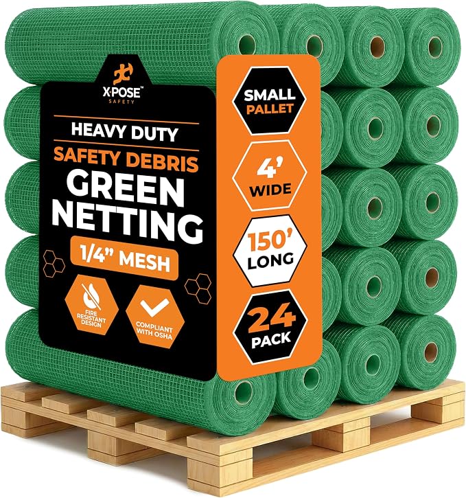 Xpose Safety Construction Safety Netting – 4' x 150', 1/4" Mesh Scaffold Safety Net, Temporary Material Roll, Visibility Fence, Heavy-Duty Fire Retardant, Green (24-Pack)