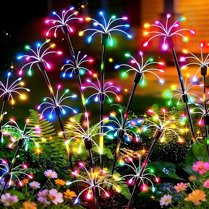 Solar Garden Lights Outdoor, 4 Pack 2-Layer Multicolor Solar Firework Lights, Waterproof Starburst Fairy Light Garden Decor for Yard Patio Pathway Lawn, Unique Gifts for Women Mom Grandma Mother's Day