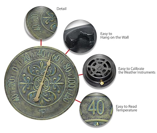 Blanc Fleur Aged Bronze - 15in Round Wall Thermometer, Aged Bronze Finish Case, Water Resistant