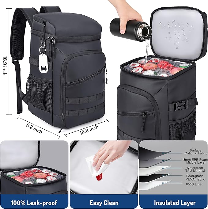 DEYACE Cooler Backpack, 33 Cans Tactical Inspired Backpack Cooler Insulated Leak Proof for Men & Women Portable 2 Leak Proof Compartments Coolers Bag for Beach Travel Picnic Lunch Hiking BBQ Camping