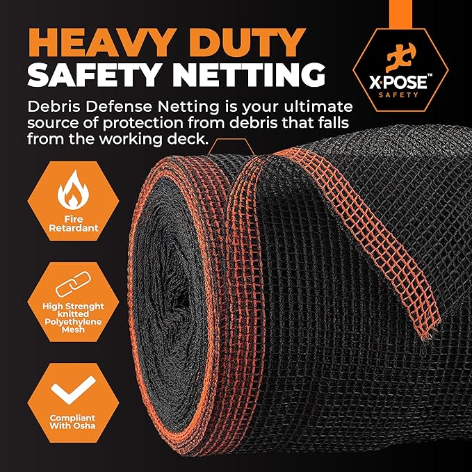 Xpose Safety Construction Safety Netting – 8.5' x 150', 1/4" Mesh Scaffold Safety Net, Temporary Material Roll, Visibility Fence, Heavy-Duty Fire Retardant, Black