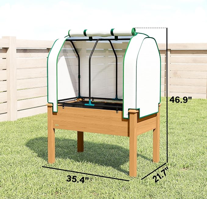 Outsunny Raised Garden Bed with PE Greenhouse Cover Outdoor Elevated Wood Planter Box for Herbs and Vegetables, Use for Patio, Backyard, Balcony, 35 x 22 x 47 inch, Sand