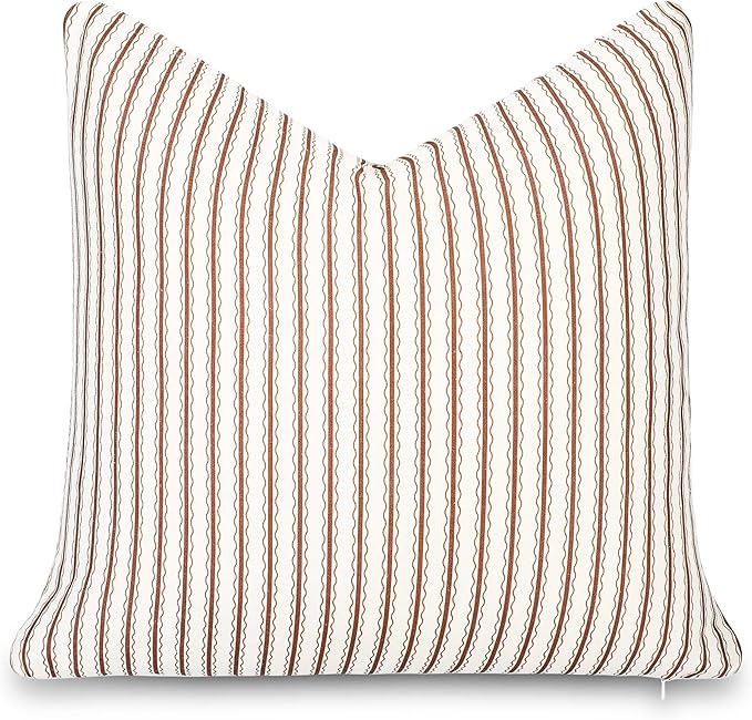 Crumbs Home Modern Farmhouse California Casual Indoor Outdoor Throw Pillow Cover, 22"x22" Water Repellent for Patio, Backyard, Couch, Poolside, Cocoa Brown Print Wave Stripes