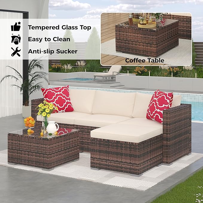 GAOMON Patio Furniture Sets 5 Pieces, PE Wicker Modern Patio Conversation Set with Storage Cushions for Poolside, Deck, Balcony (Brown/Beige)