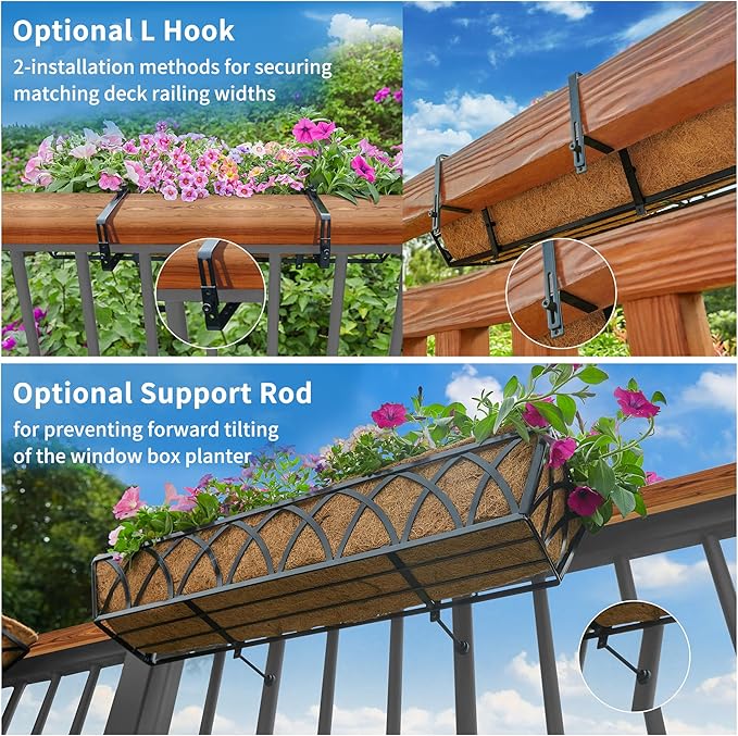 Y&M 6 Pack Hanging Railing Planter Boxes, 30 Inch Adjustable Balcony & Deck Planter, Heavy Duty Metal Flower Box for Porch, Fence & Window, Outdoor Plant Holder