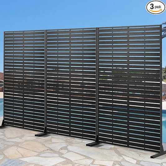 Outdoor Privacy Screen 72" H HDPE Decorative Panel Freestanding Privacy Fence with Stand, Privacy Screens with Louvered 6 Panels, Weather-Resistant Panel Fence for Patio, Balcony, Pool,Black