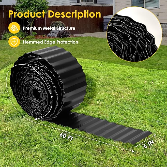 Vehipa Corrugated Garden Edging for Landscaping, 6" x 60 Ft Metal Garden Landscape Edging for Flower Bed, Lawn Edging Border Landscape Border for Garden, Yard DIY (Black)
