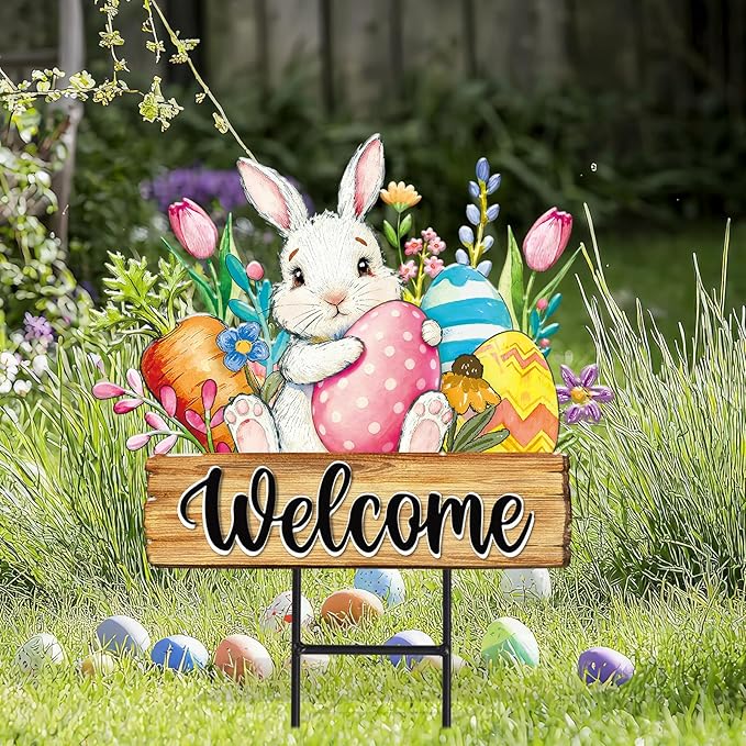JarThenaAMCS Easter Metal Garden Stake Welcome Yard Sign Watercolor Bunny Rabbit Egg Floral Decorative Lawn Sign for Spring Home Outside Lawn Porch Walkway Pathway