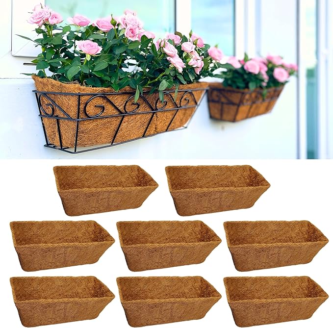 LaLaGreen 16" (8 Pack, Rectangular) Trough Coco Liners for Planter – Medium Coconut Coir Replacement for Window Box, Wall Mount Flower Pot, Outdoor Use– Also Available in 24/30’’ and Different Shapes