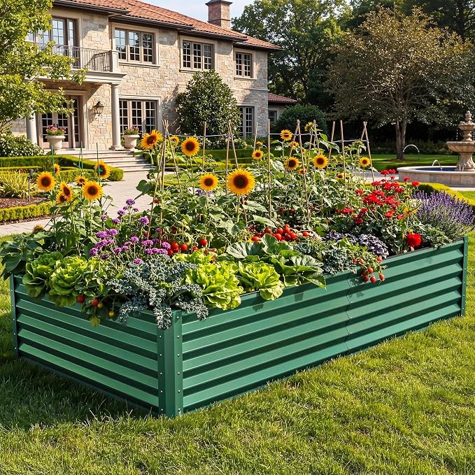 YITAHOME 8x4x1.5ft 2pcs Large Raised Garden Bed Kit, Galvanized Metal Planter Box with Gloves, Ground Nails & Safety Rubber, Outdoor Above Ground Planters for Plants Vegetables Flowers, Green
