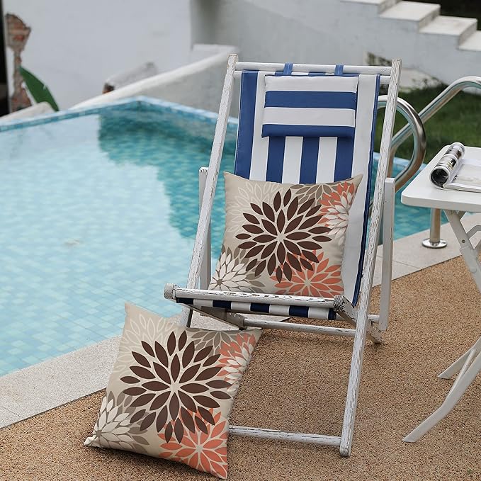 DFXSZ Brown Red Orange Pillow Covers 16x16 Inch Set of 2 Flower Throw Pillows Outdoor Waterproof Decor for Living Room Couch Patio Funiture Garden Modern Floral Polyester Pillow Covers 002A16