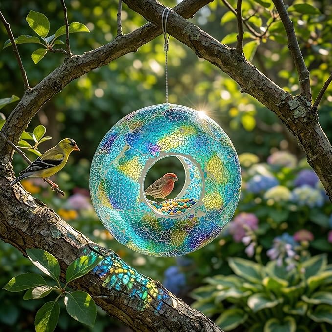 Mosaic Bird Feeder - Outdoor Fly Through Wild Hanging Bird Feeders with Mosaic Glass Design, 9 Inch, Blue