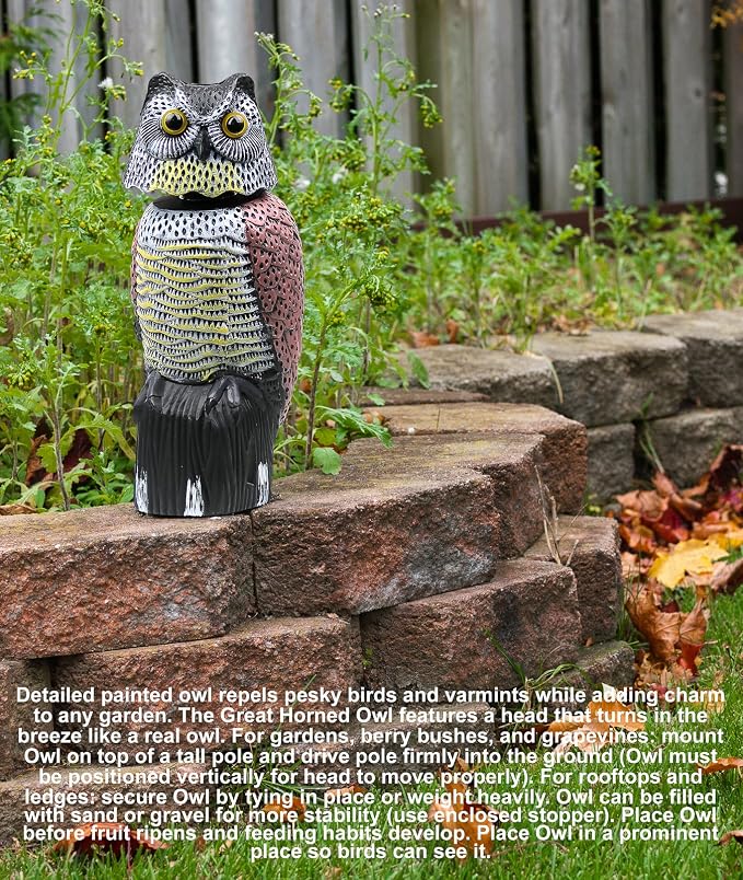 Owl Decoy to Scare Birds Away Scarecrow Fake Owl with Rotating Head 12 inch Tall (Set of 3)