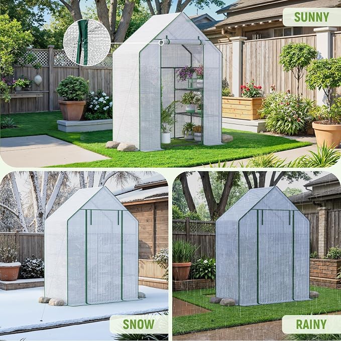 Greenhouse for Outdoors, Portable Green House, Walk in Greenhouses with Durable PE Cover, 57 x 29 x 76 inch Greenhouse with Shelves Stands,White