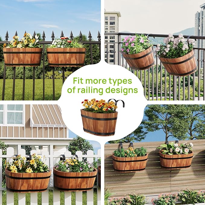 2pcs Wooden Hanging Flower Pots for Railing Fence Outdoor Planter Railing Planter Boxes for Plants Wall Planters Window Flower Box Hanging Bucket Pots Countryside plant Holder (Brown,2pcs,Large)