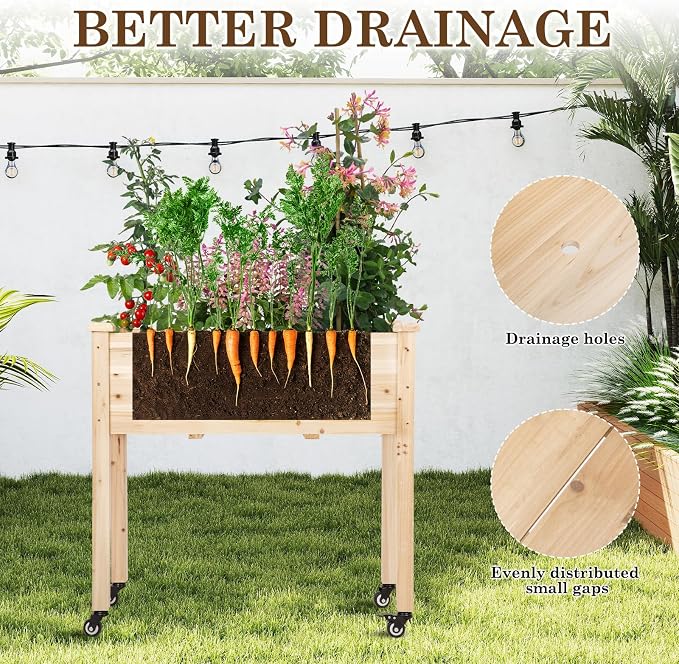 Raised Garden Bed with Lockable Wheels, 32x16x32 inch Elevated Wood Planter with Protective Liner for Vegetable Flower Herb Outdoor Balcony Patio Backyard, Natural
