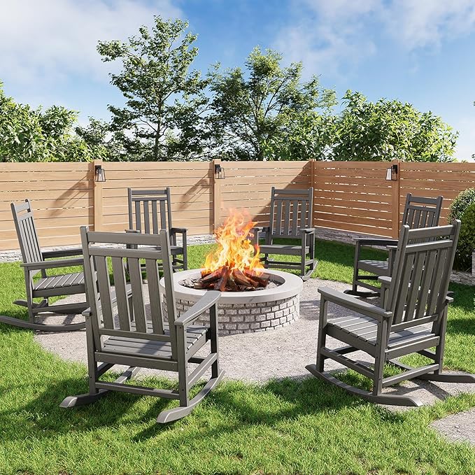 GarveeLife Poly Lumber Rocking Chair Outdoor Set of 6- HDPE High Back Porch Rocker Chairs for Adults - All Weather Resistant Furniture for Patio - Gray