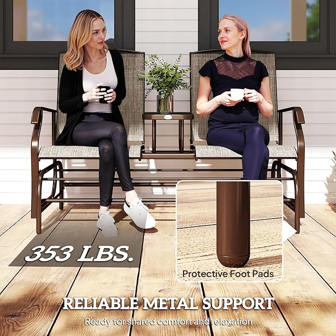 Outsunny Outdoor Glider Bench with Center Table, Metal Frame Patio Loveseat with Breathable Mesh Fabric and Armrests for Backyard Garden Porch, Brown