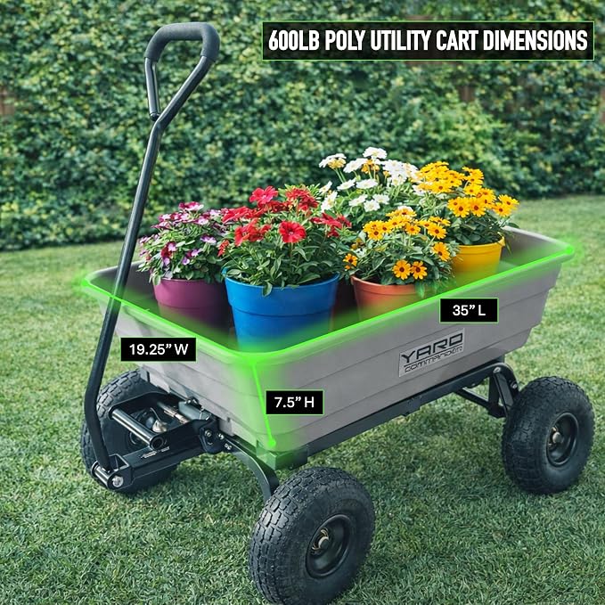 Yard Commander - 4 Cu.Ft. 600LB Poly Garden Cart Dump Wagon, Heavy Duty 4 Wheel Wheelbarrow, Quick Release 45 Degree Dumping, Yard Cart Dump Wagon with 10in All Terrain Wheels, Steel Frame