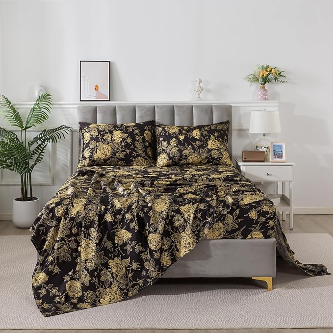 FADFAY Rose Sheets Set King Vintage Black Gold Floral Bedding Shabby Peony Botanical Sheets Luxury Farmhouse Bedding 800 Thread Count 100% Egyptian Cotton Deep Pocket Fitted Sheet 4Pcs, King Size