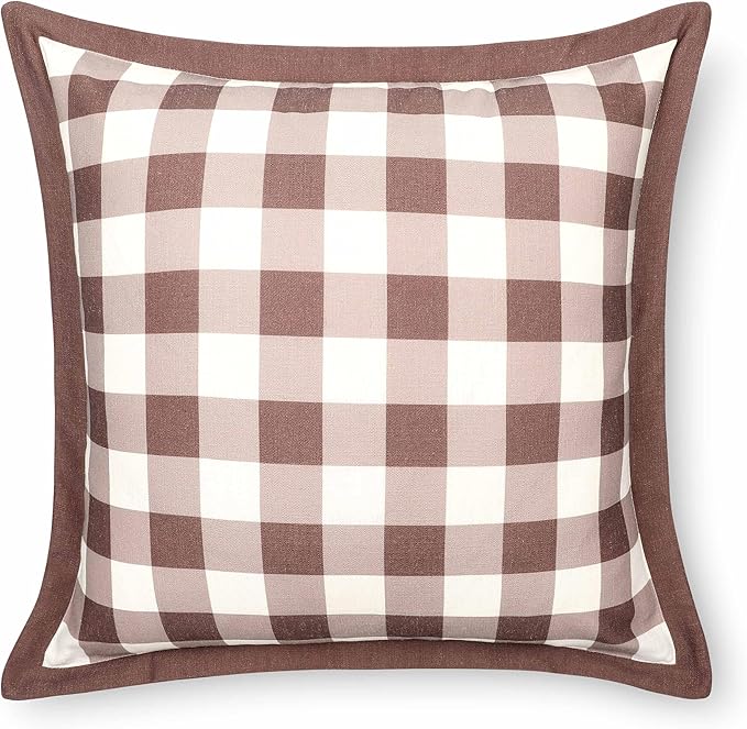 Crumbs Home Modern Farmhouse California Casual Indoor Outdoor Throw Pillow Cover, 22"x22" Water Repellent for Patio, Backyard, Couch, Poolside, Cocoa Brown Print Gingham