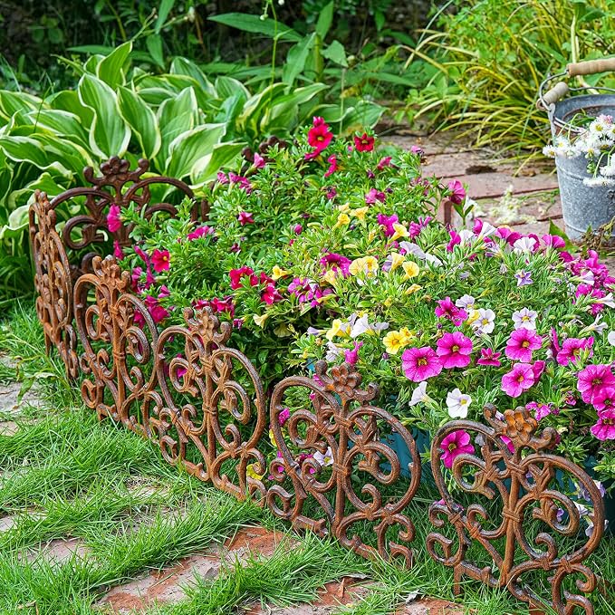 Sungmor Decorative Cast Iron Garden Edging, 4 Pack Full Rusted Victorian Garden Edging Landscape Border, Vintage Metal Yard Stake Low Picket Fence, 11.8" Tall Outdoor Flower Bed Lawn Fence Panels