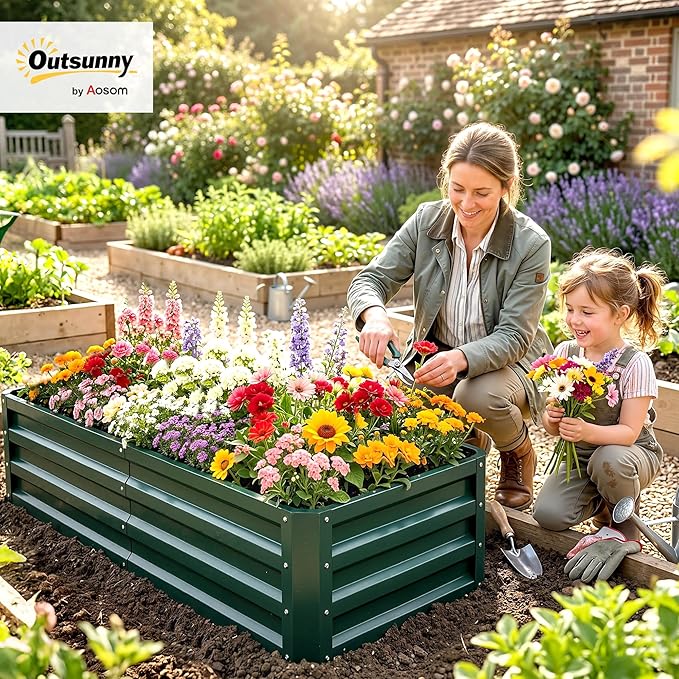 Outsunny Galvanized Raised Garden Bed, 4' x 2' x 1' Metal Planter Box, for Growing Vegetables, Flowers, Herbs, Succulents, Green