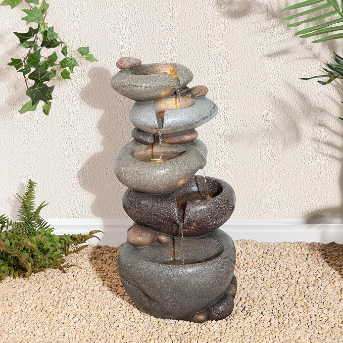 Glitzhome Water Fountain Outdoor, 5-Tiered Stacked Pebbles Outdoor Fountain with LED Lights and Pump, 24.5" H Zen Style Polyresin Waterfall Fountain Water Feature for Garden, Yard, Patio, Porch Decor