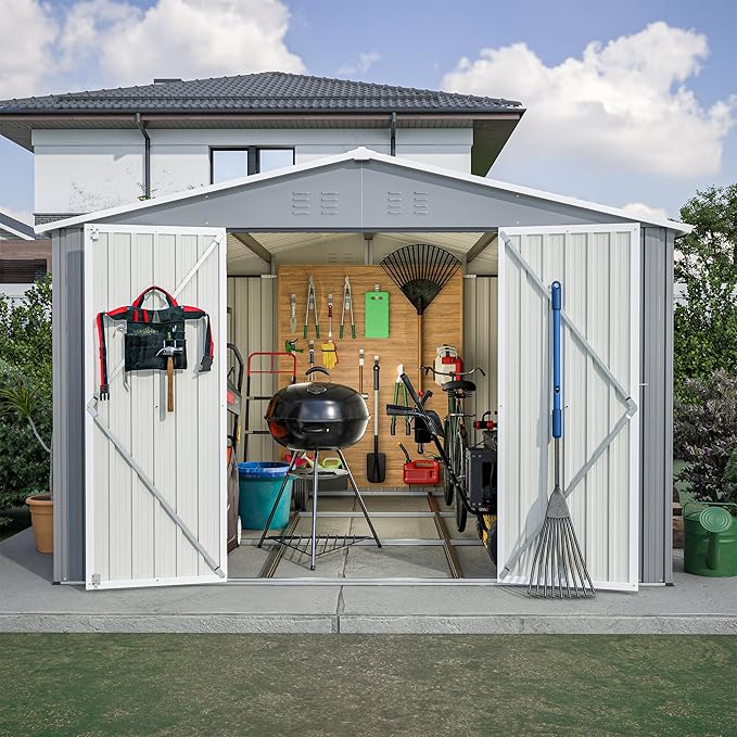 YOPTO 10×10 FT Outdoor Storage Shed,Metal Aluminum Waterproof Tool Sheds with Foundation,Doors & Vents,Heavy-Duty Sheds Unit W/Lock & Key,for Storing Bicycles,Lawnmowers,Barbeques,Gray