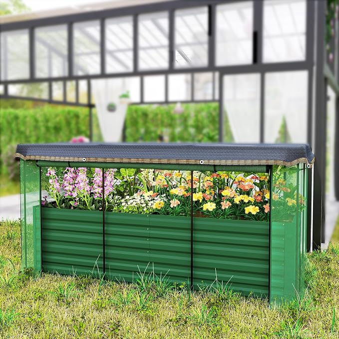Outsunny 7.3 x 3.4 x 2 ft Galvanized Raised Garden Bed with Crop Cage Plant Protection Net and Shade Cloth Roof, Metal Planter Box with Cover for Vegetables, Flowers, Herbs, Green