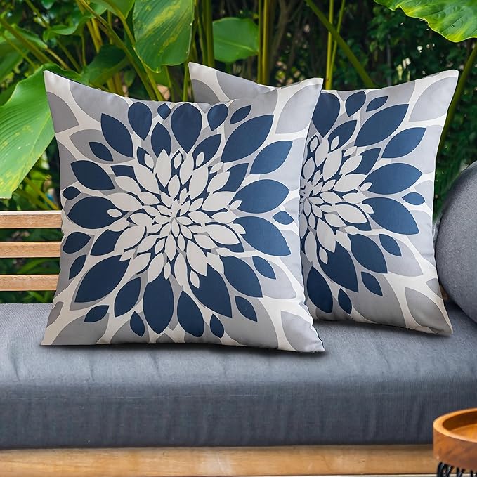Qahing Pack of 4 Outdoor Waterproof Pillow Covers 22x22 Decorative Outdoor Throw Pillows Garden Square Cases for Patio Furniture, Couch, Tent Sunbrella, Bench, Blue Grey