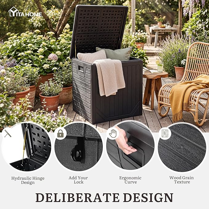 YITAHOME 150 Gallon Large Outdoor Storage Box w/Double Wall, Waterproof Deck Box with Hydraulic Piston for Garden Tools, Pool Accessories & Cushions, Resin Deck Organizer with Bench Seat(Black)