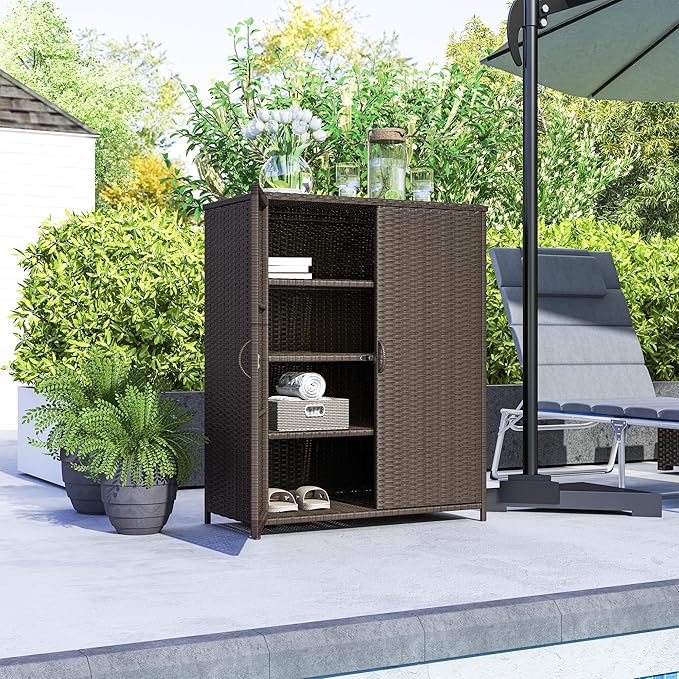 Outsunny Wicker Outdoor Storage Cabinet with Shelves, 4-Shelf Outdoor Pool Towel Cabinet with Two Doors, Rattan Patio Storage Shelves for Garden, Backyard, Porch, Dark Coffee