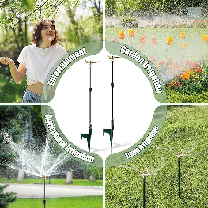 Funnymoom 4 Pack 3-arm Rotating Telescoping Sprinkler 360 Degree Swivel Garden Sprinkler High Rise Lawn with Step Base up to 41.7 Inches for Large Area Coverage (Green)