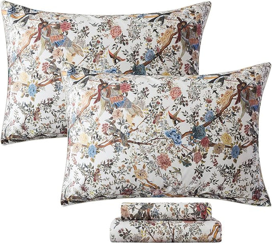 FADFAY Sheets Set King Botanical Bird Floral Bed Sheets Set Vintage Mocha Mousse Farmhouse Bedding Shabby Branches Bedding 100% Egyptian Cotton Breathable Soft 17.7" Deep Pocket 4Pcs, King Size
