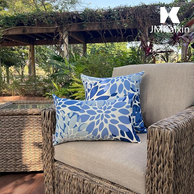 Pack of 2 Patio Lumbar Pillows, 12”x20” Fade Resistant Outdoor Waterproof Lumbar Pillow with Inners, Decorative Garden Lumbar Cushions for Home Patio Terrace Sofa Use