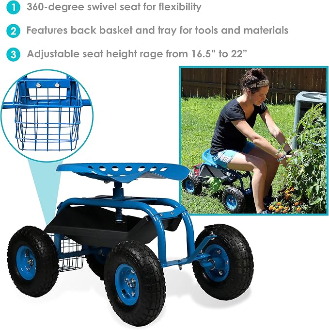 Sunnydaze Rolling Garden Cart with Seat - Garden Stool with Wheels and Adjustable 360-Degree Swivel Seat - Utility Tool Tray and Storage Basket - Blue