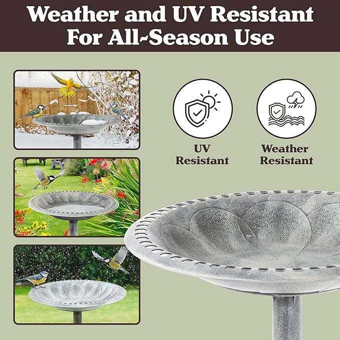 Outdoor Antique-Style Bird Bath - Weather-Resistant Polyresin Basin with Vintage Design and Ground Stakes - Yard and Patio Decor by Pure Garden (Gray)
