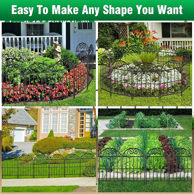 ADAVIN 24 Panels Collapsible Garden Fence Animal Barrier,24 Ft(L) x 24 in(H) Black Rustproof Metal Wire Panel Border for Dogs Rabbits, Flower Edging for Landscape Patio Yard Outdoor Decor, Arched