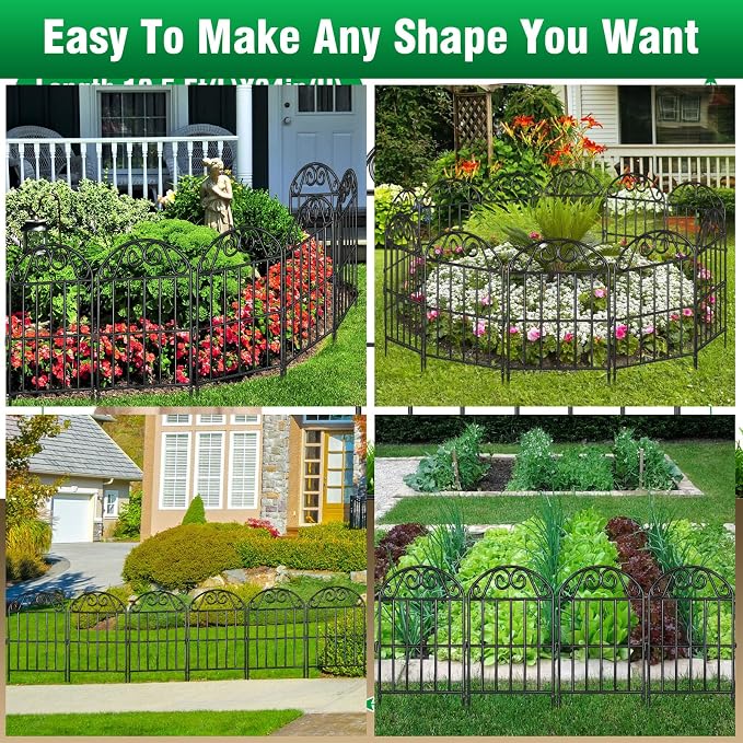 ADAVIN 10 Panels Collapsible Garden Fence Animal Barrier Fence,10ft(L) x 24in(H) Black Rustproof Metal Wire Panel Border for Dogs Rabbits, Flower Edging for Landscape Patio Yard Outdoor Decor, Arched